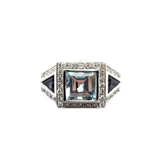 14kt White Gold 4.75ctw Blue Topaz, 1.6ctw Tanzanite & .40ctw Diamond Ring