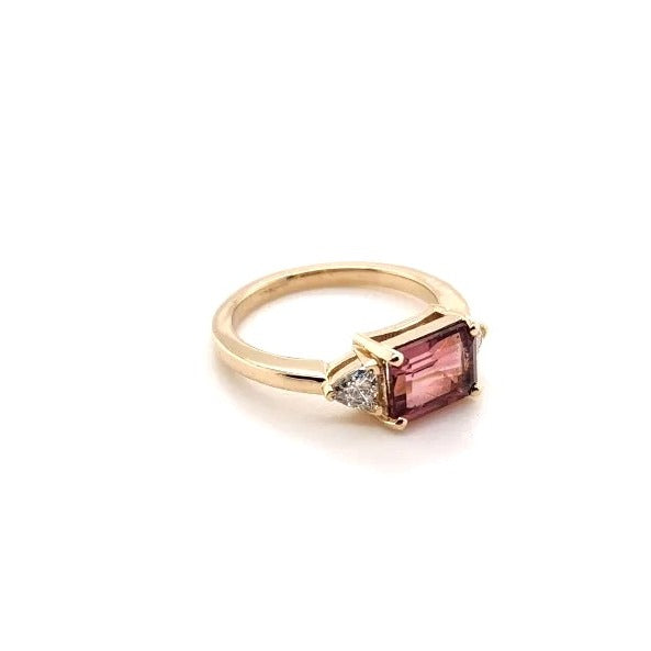 14kt Yellow Gold 1.64 ct. Pink Tourmaline & .32 ct each Trillion Cut Diamond Ring - Size 6