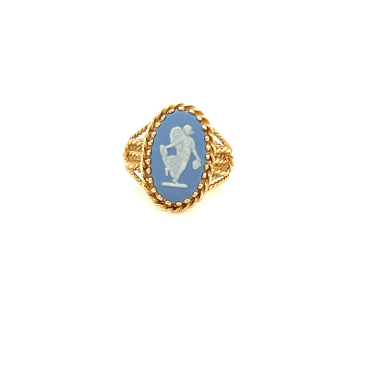 14kt Yellow Gold Hand Carved Blue Wedgewood Angel Ring
