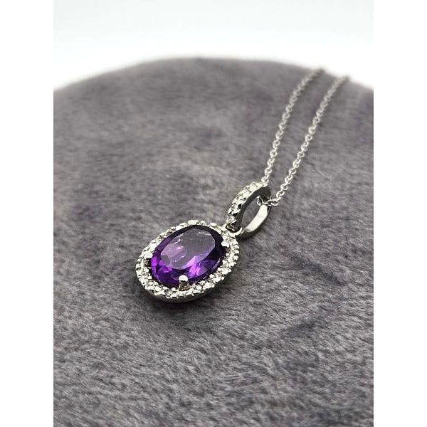 14kt White Gold 1.95 ctw Amethyst Pendant w/ 1/4 ctw Diamond Accents - 16 Inch