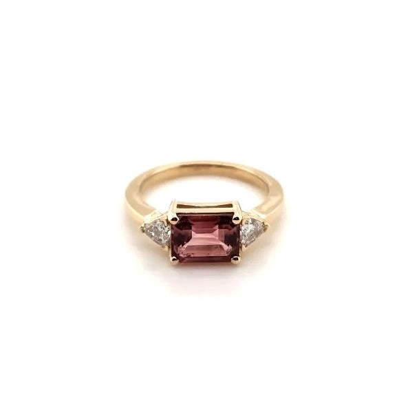14kt Yellow Gold 1.64 ct. Pink Tourmaline & .32 ct each Trillion Cut Diamond Ring - Size 6
