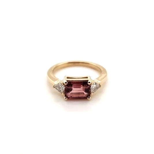 14kt Yellow Gold 1.64 ct. Pink Tourmaline & .32 ct each Trillion Cut Diamond Ring - Size 6