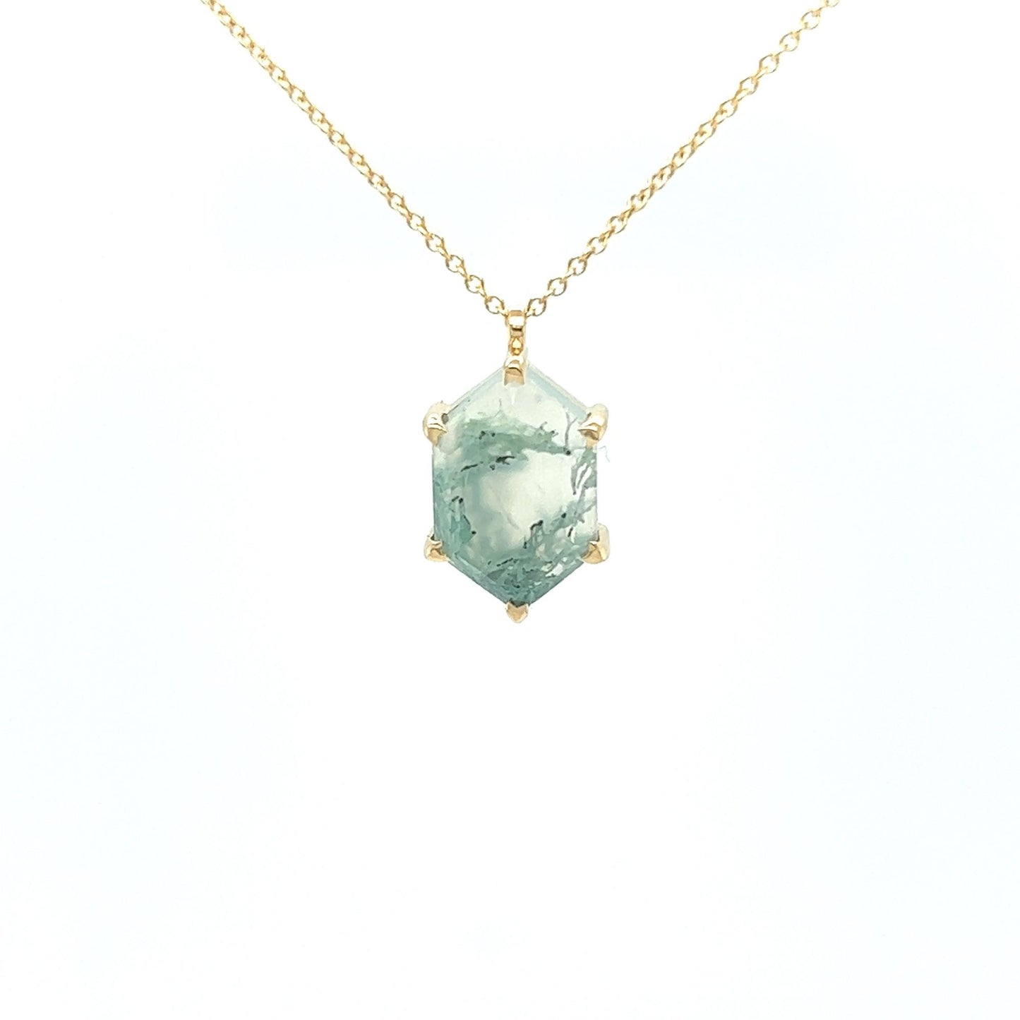 14kt Yellow Gold Hexagon Cut Green Moss Agate Pendant