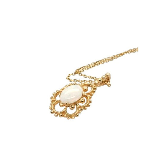 14kt Yellow Gold Beaded Flower Oval Opal Necklace - 16 Inches