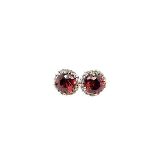 14kt White Gold Natural Red Zircon w/ Diamond Halo Studs