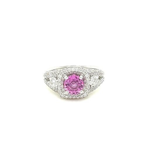 14kt White Gold Pink Sapphire & Diamond Accented Halo Ring