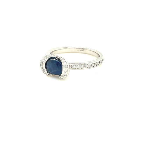 14kt White Gold Horizontal Set Blue Sapphire Half Bezel Setting w/ Diamond Accents