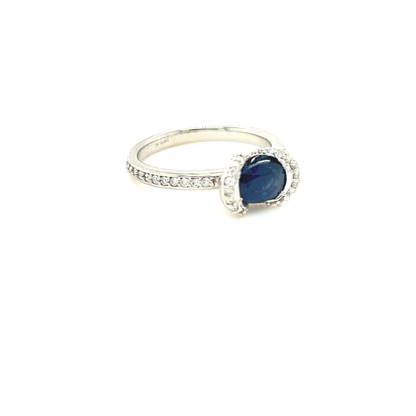 14kt White Gold Horizontal Set Blue Sapphire Half Bezel Setting w/ Diamond Accents