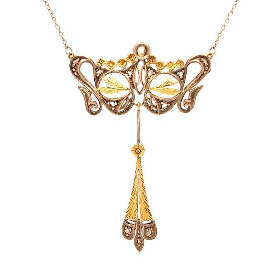 Vintage Two Tone Leaf & Vine Pendant w/ Rose Cut Diamond Accents
