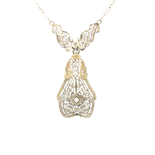 Vintage 10kt Gold Filigree Pendant with a Solitaire Rose Cut Diamond & 15 inch Old Style Chain