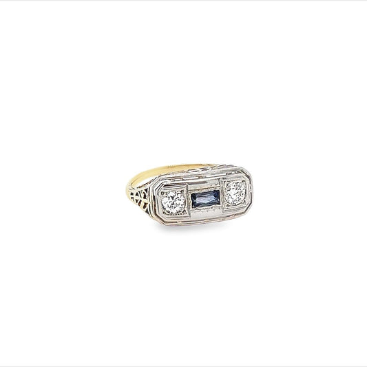 Vintage 14kt Yellow Gold Filagree Ring w/ Round Diamonds & Baguette Cut Sapphire