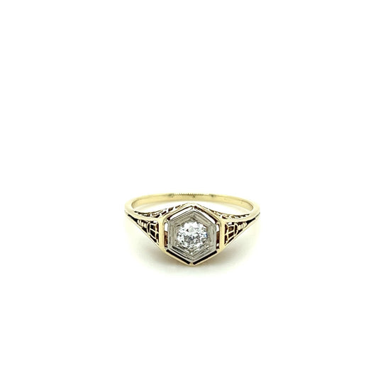 14kt Yellow Gold Two Tone Solitaire Diamond Filagree Ring