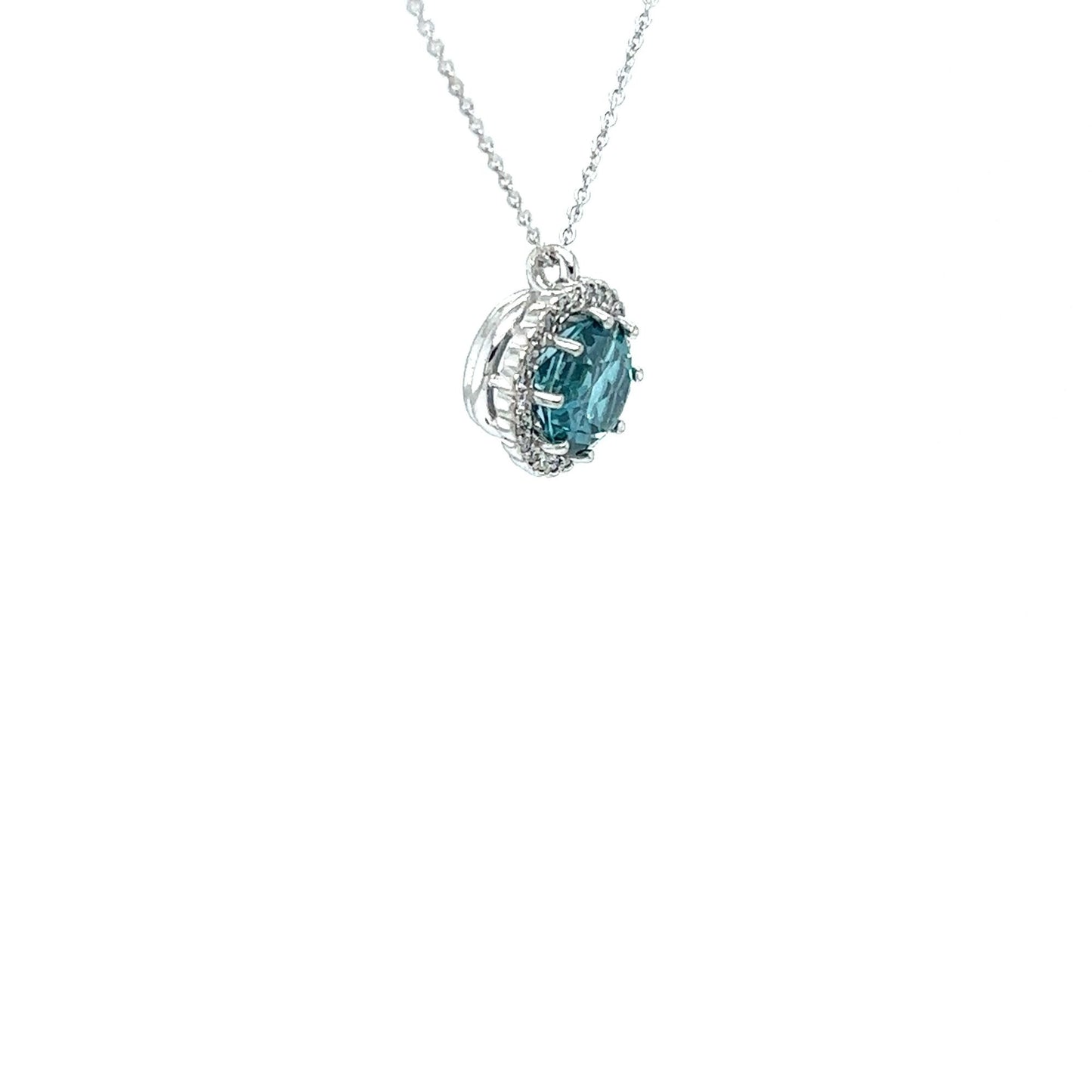 14kt White Gold Blue Zircon $ Diamond Halo Pendant w Cable Chain (16 or 18 inches)