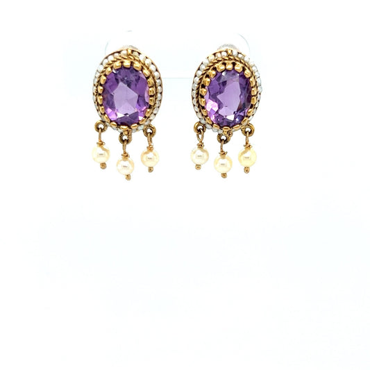 Vintage 14kt Yellow Gold Amethyst and Pearl Earrings w/ Seeded Pearl and Filagree Accent