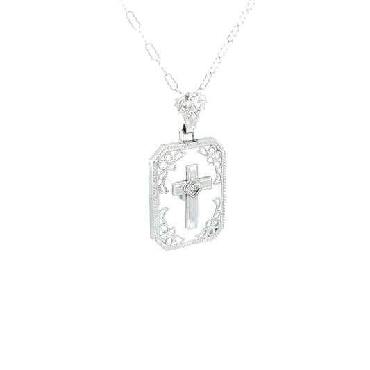 14kt White Gold Floating Cross Necklace w/ Solitaire Round Diamond & Chain