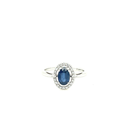 14kt White Gold Blue Sapphire Halo Ring w/ Diamond Accents