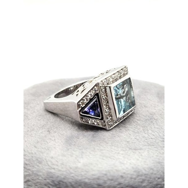 14kt White Gold 4.75ctw Blue Topaz, 1.6ctw Tanzanite & .40ctw Diamond Ring
