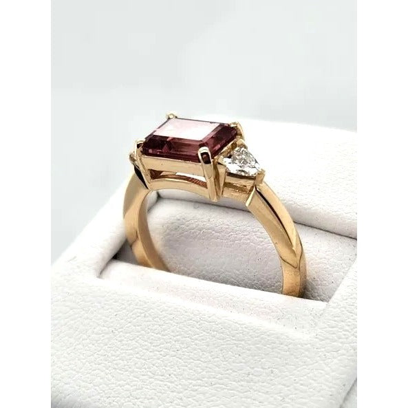 14kt Yellow Gold 1.64 ct. Pink Tourmaline & .32 ct each Trillion Cut Diamond Ring - Size 6