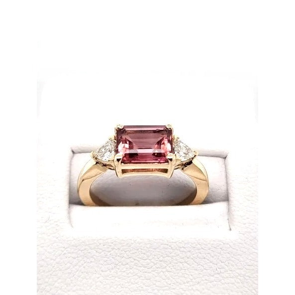 14kt Yellow Gold 1.64 ct. Pink Tourmaline & .32 ct each Trillion Cut Diamond Ring - Size 6