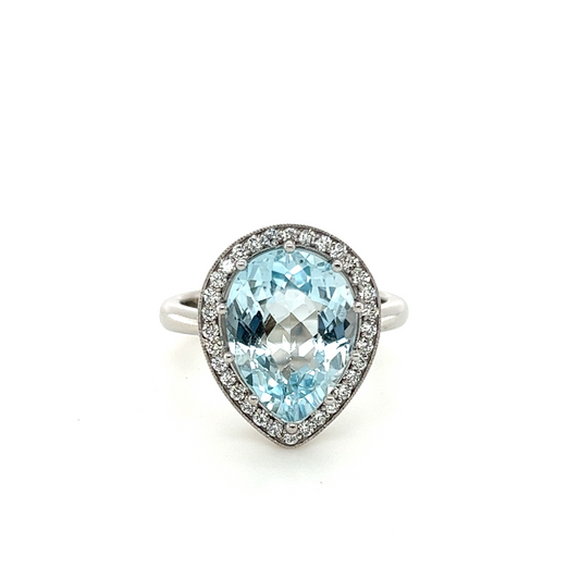 14kt White Gold Large Blue Topaz Pear Cut Halo Ring w/ Diamond Accents