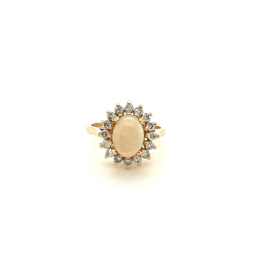 Vintage 14kt Yellow Gold Opal Halo Diamond Ring
