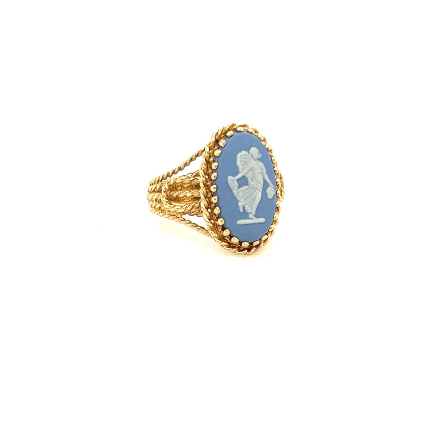 14kt Yellow Gold Hand Carved Blue Wedgewood Angel Ring