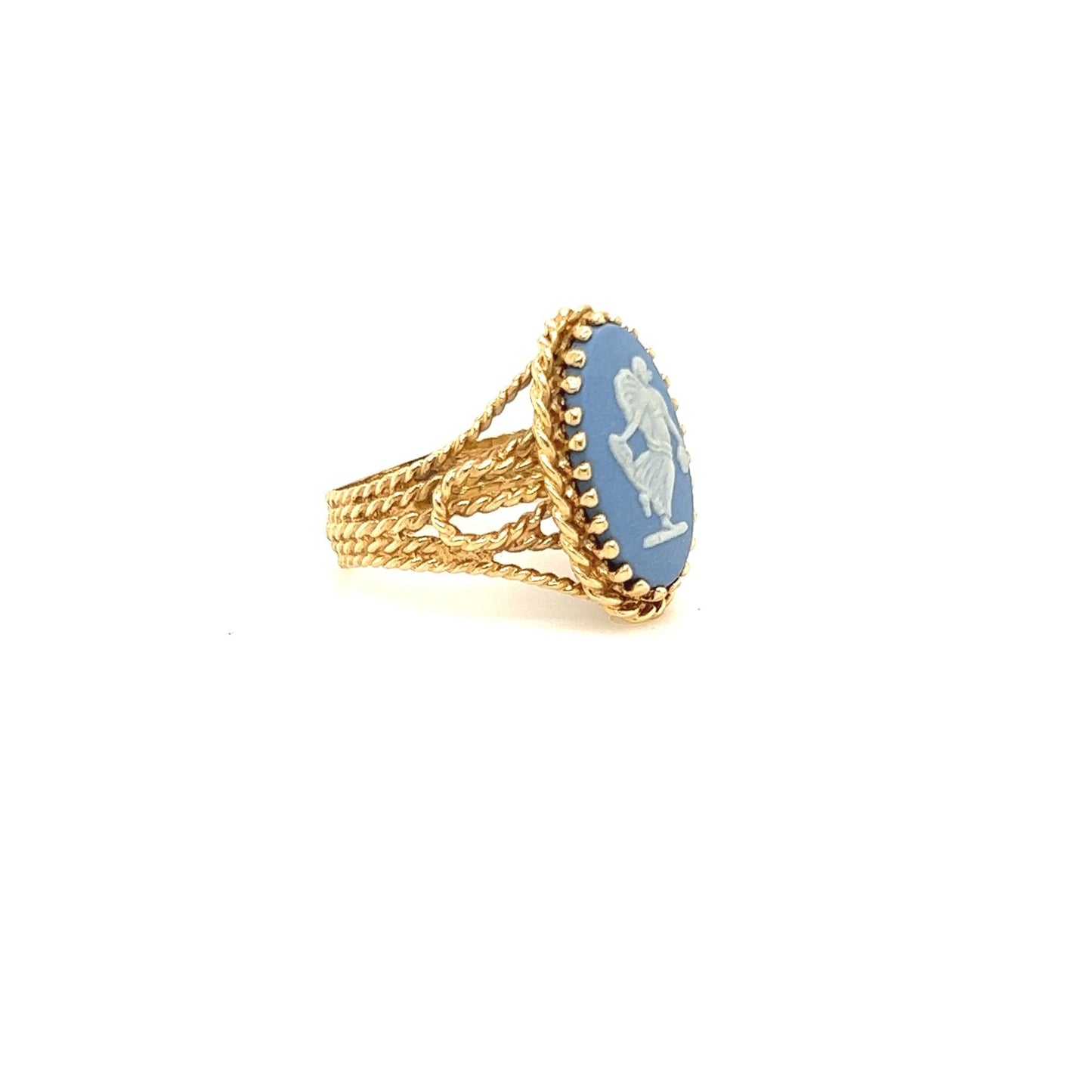 14kt Yellow Gold Hand Carved Blue Wedgewood Angel Ring