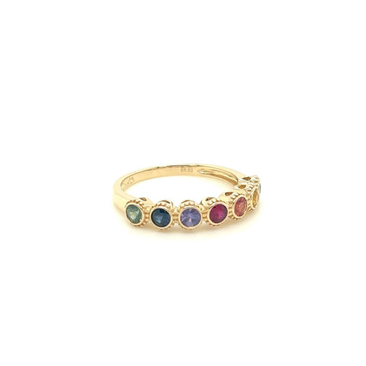 14kt Yellow Gold Seven Stone Bezel Set Rainbow Sapphire Ring