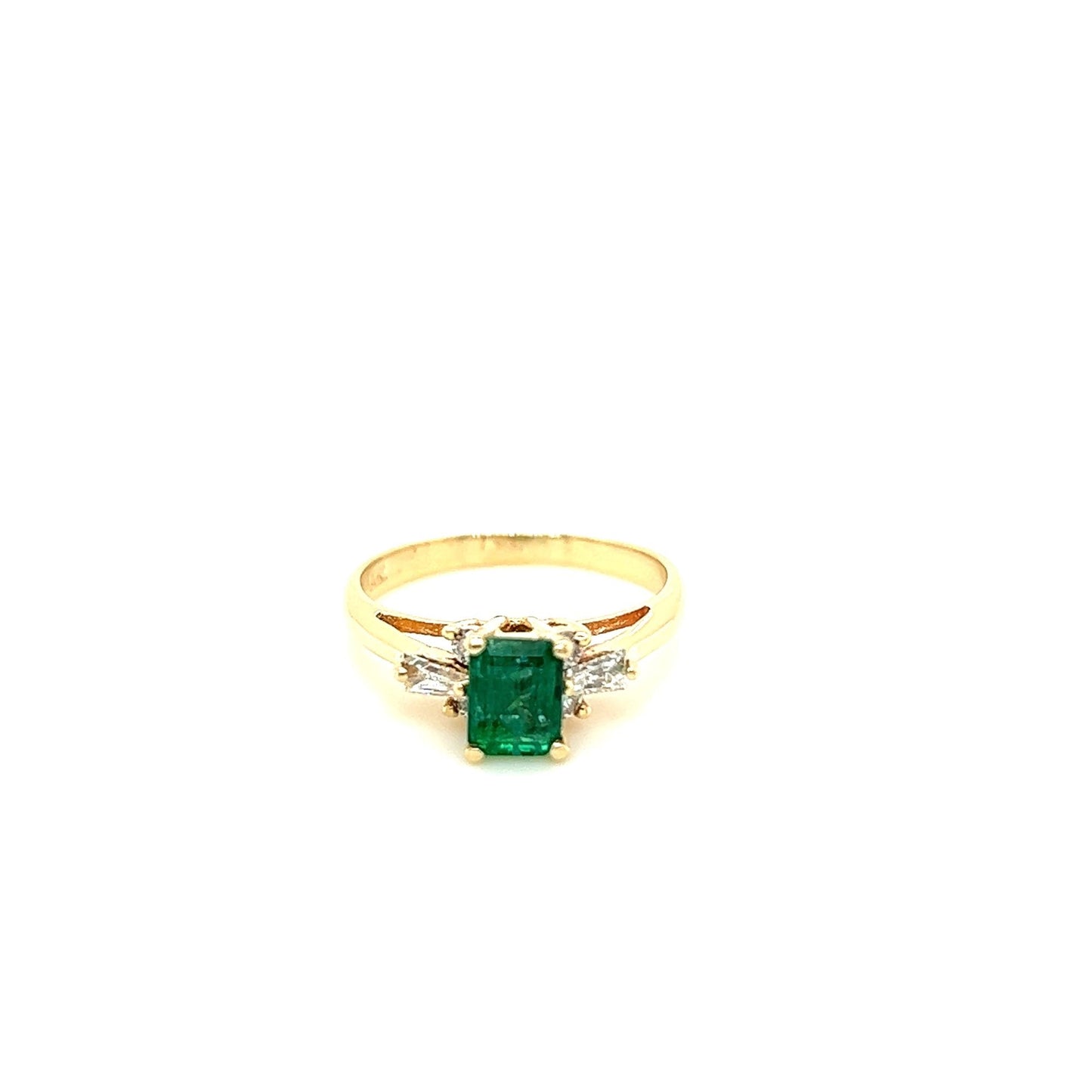 14kt Yellow Gold Emerald Ring w/ Round & Tapered Baguette Cut Diamond Sides