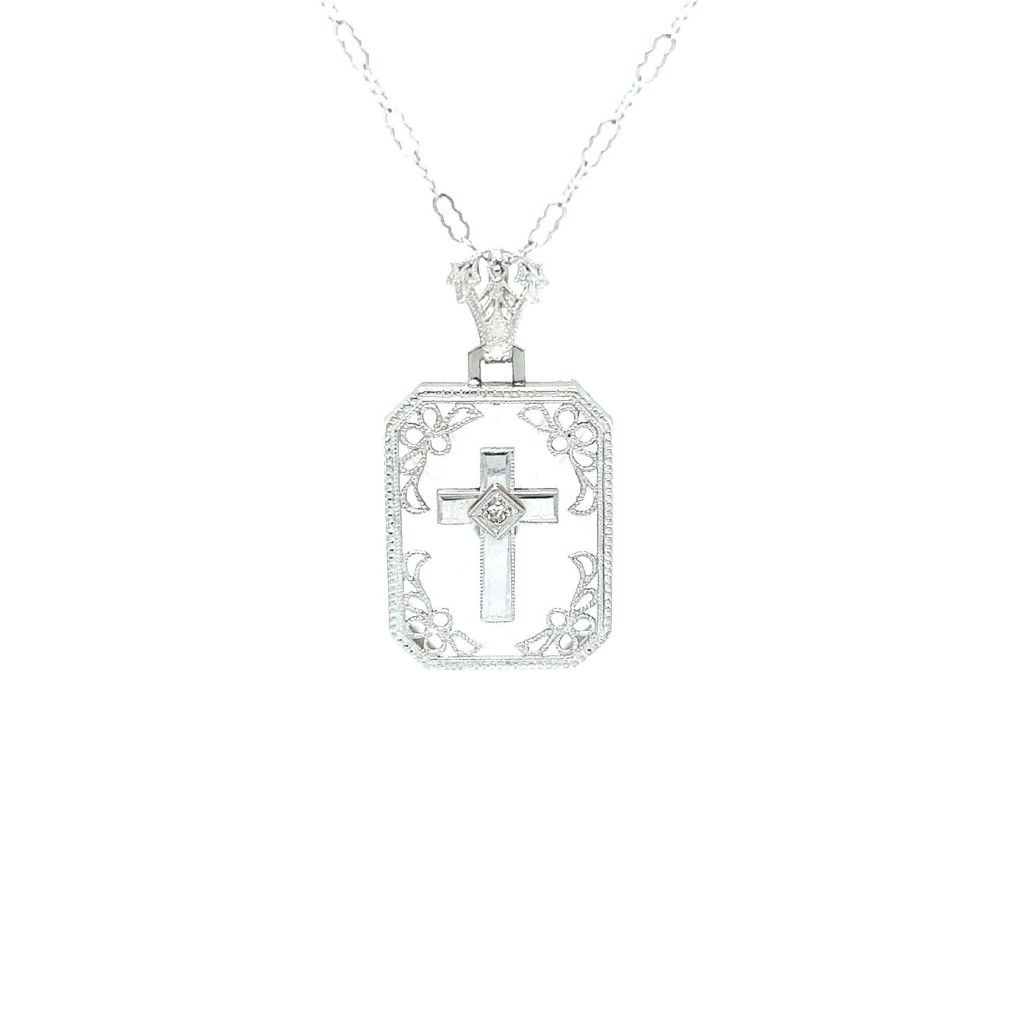 14kt White Gold Floating Cross Necklace w/ Solitaire Round Diamond & Chain