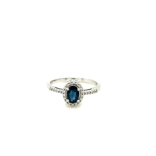 14kt White Gold Oval Blue Sapphire w/ Diamond Accented Halo & Side Band Ring