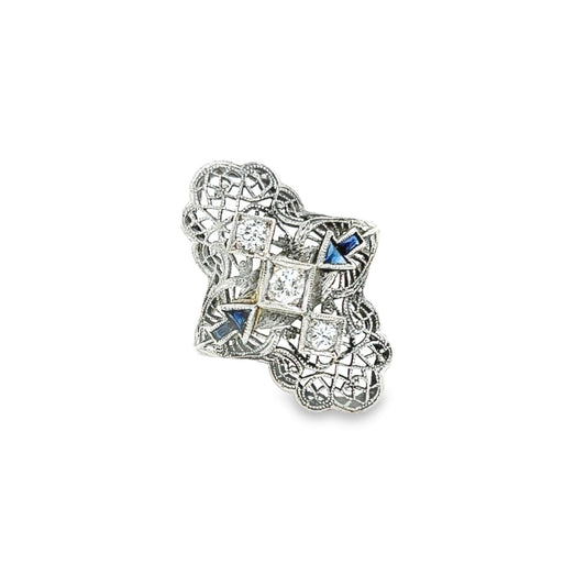 18kt Vintage Highly Detailed White Gold Shield Ring w/ Diamonds & Sapphires