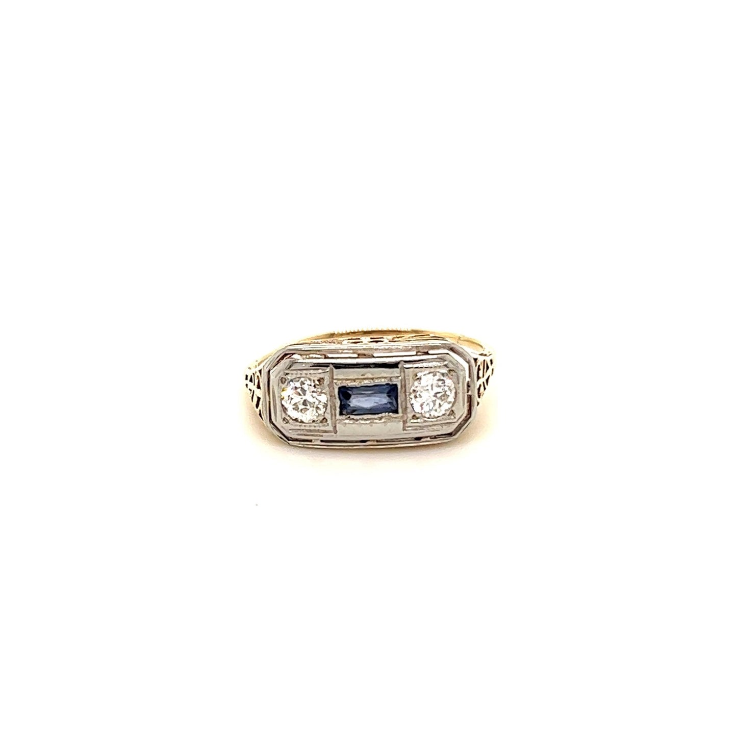 Vintage 14kt Yellow Gold Filagree Ring w/ Round Diamonds & Baguette Cut Sapphire
