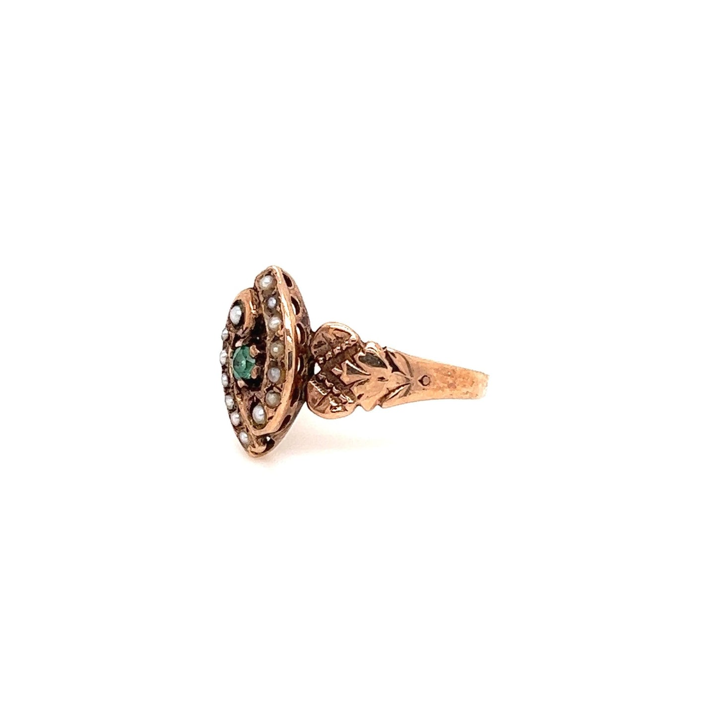 Vintage Art Deco 14k Rose Gold Ring w/ a 0.15ct. Emerald and Pearls