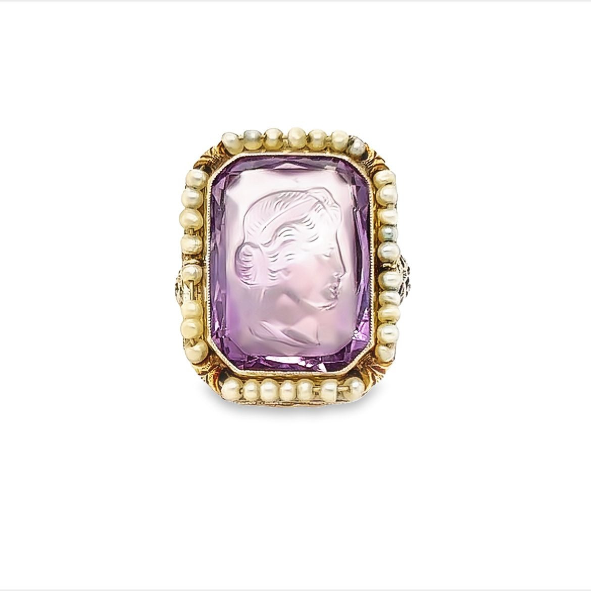 14kt White Gold w/ Yellow Golf Accented Hand Carved Filagree Amethyst Ring w/ Seed Pearls