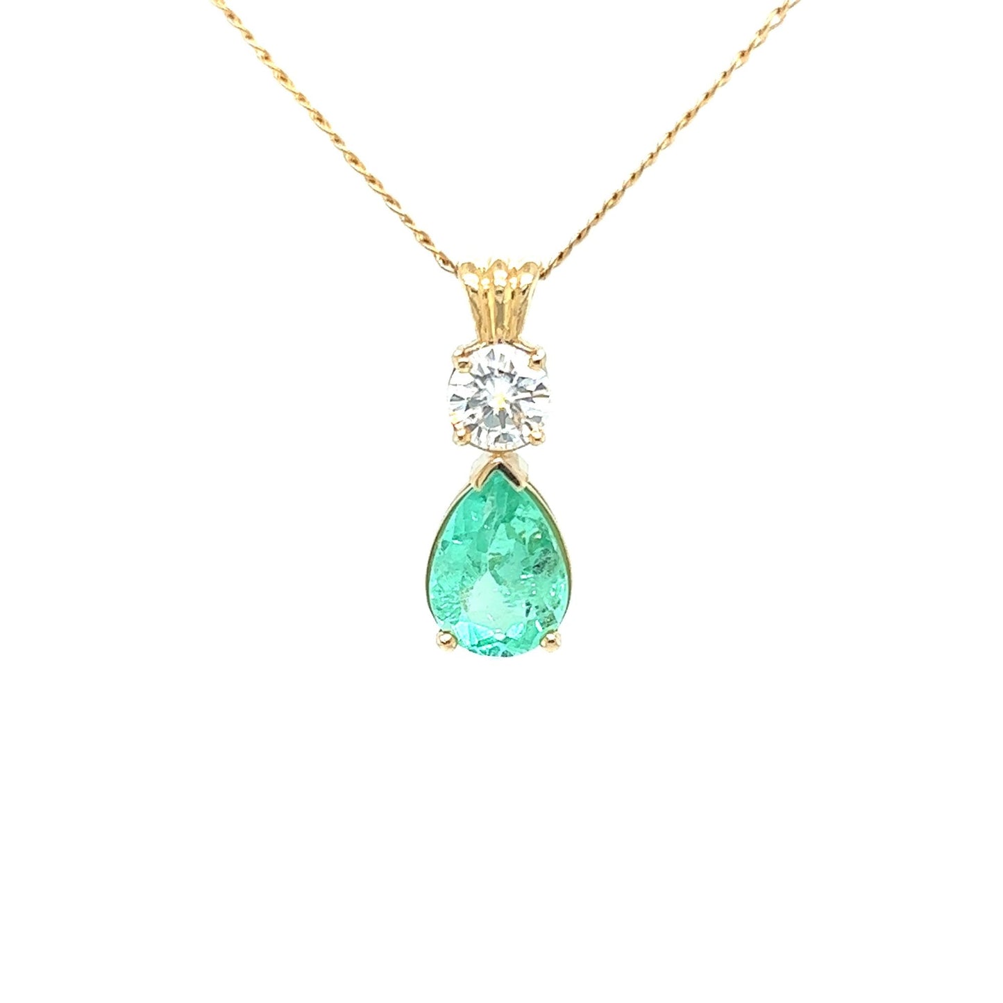 14kt Yellow Gold Emerald w/ Moissanite Pendant w/ 18" inch Curb Chain