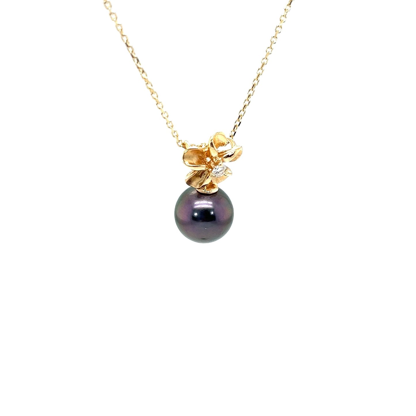 14kt Yellow Gold Black Pearl Flower Necklace w/ Diamond Accent & 1mm Cable Chain