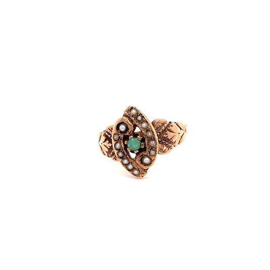 Vintage Art Deco 14k Rose Gold Ring w/ a 0.15ct. Emerald and Pearls