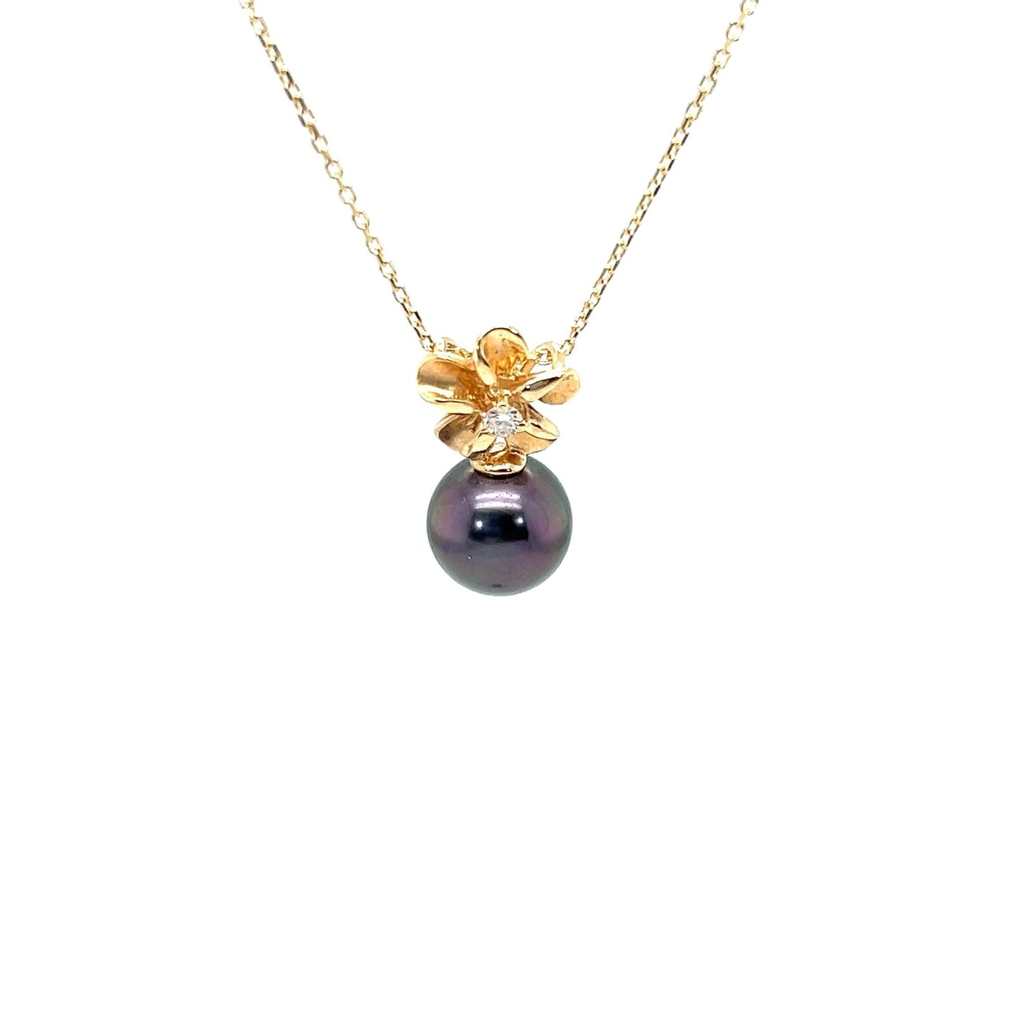 14kt Yellow Gold Black Pearl Flower Necklace w/ Diamond Accent & 1mm Cable Chain