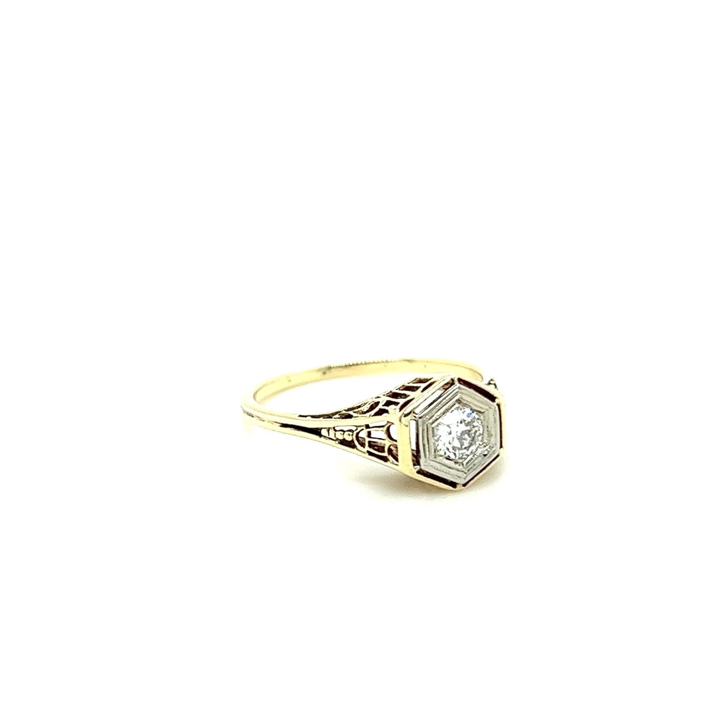 14kt Yellow Gold Two Tone Solitaire Diamond Filagree Ring