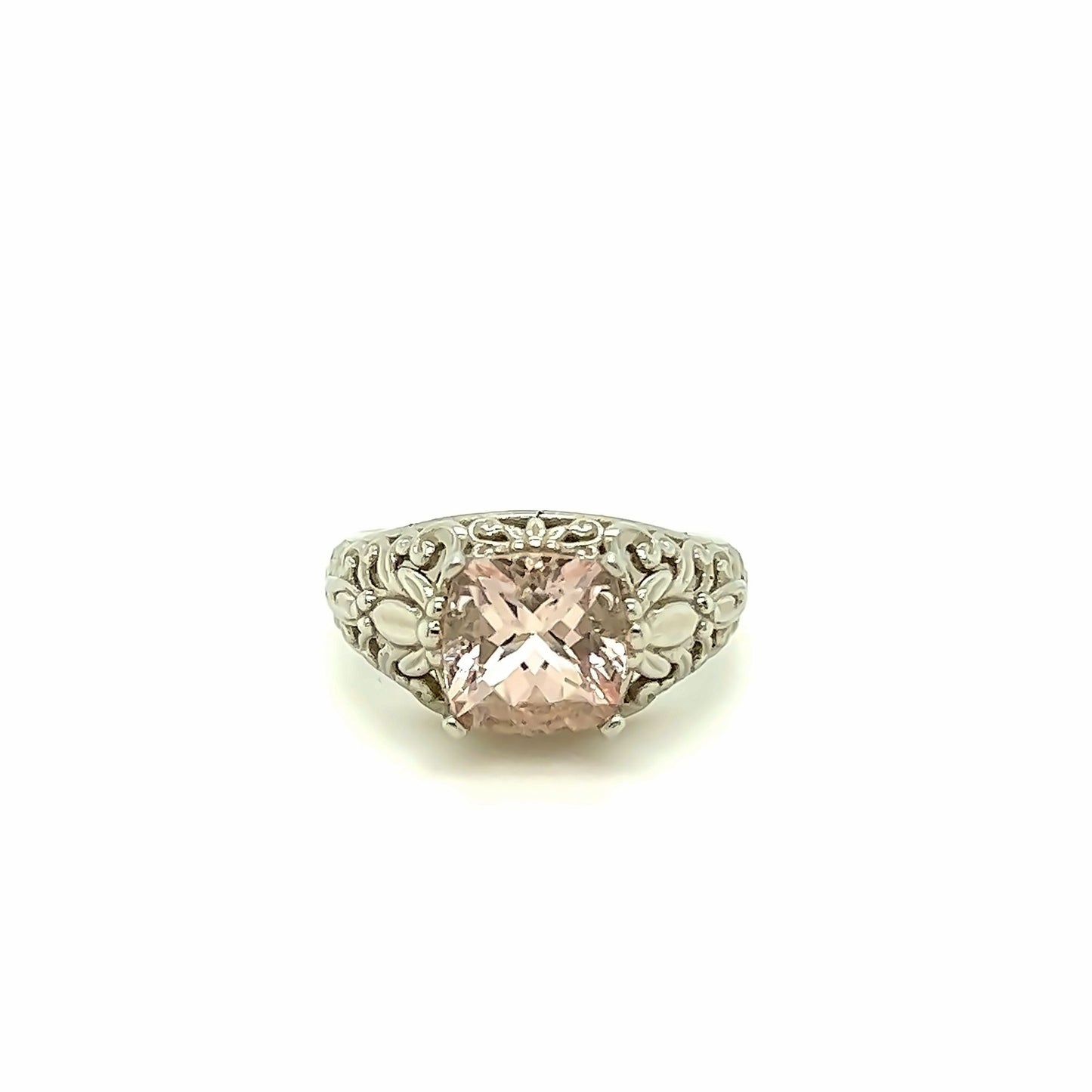 Etched 14kt White Gold Band w/ Cushion Cut Morganite Ring