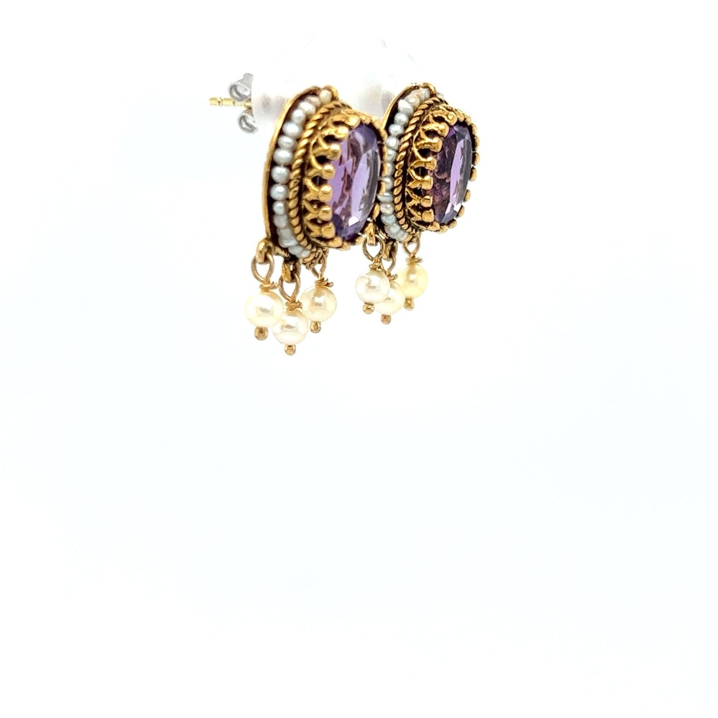 Vintage 14kt Yellow Gold Amethyst and Pearl Earrings w/ Seeded Pearl and Filagree Accent