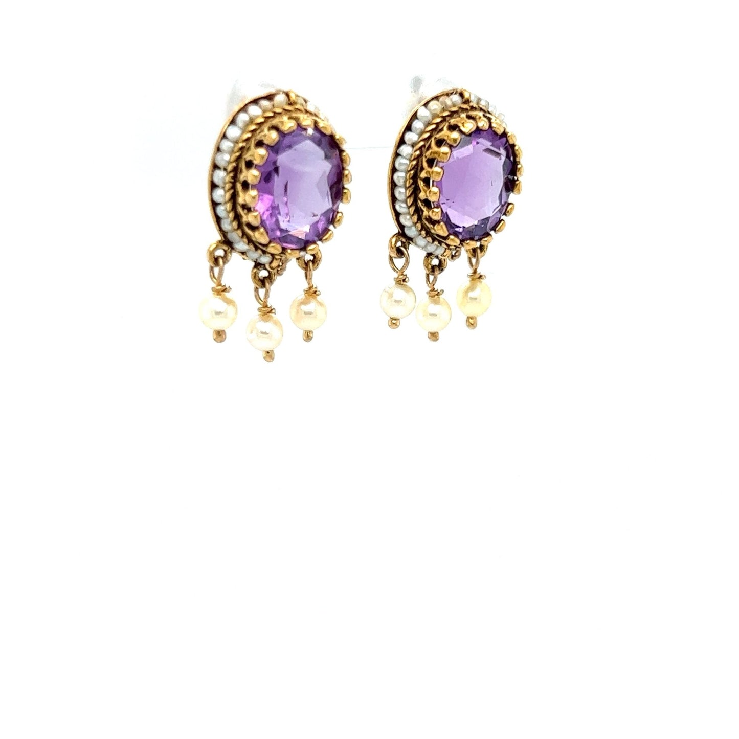 Vintage 14kt Yellow Gold Amethyst and Pearl Earrings w/ Seeded Pearl and Filagree Accent