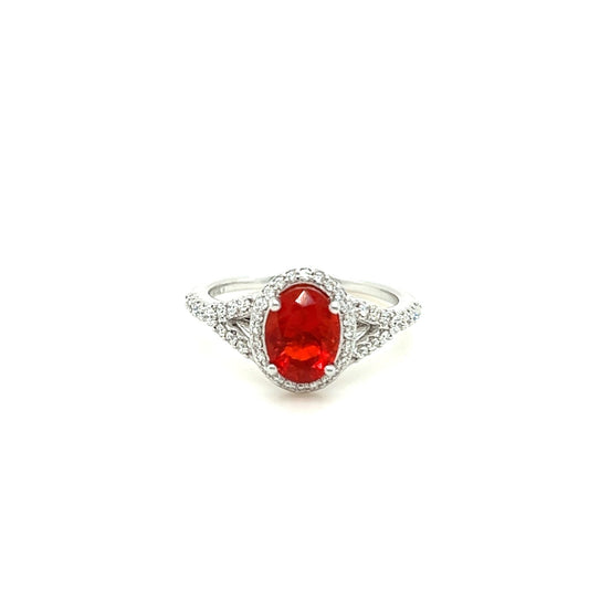 14kt White Gold Fire Opal w/ Diamond Accented Halo Style Ring