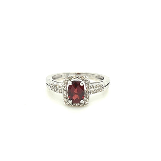 14kt White Gold Garnet Ring w/ Diamond Accents