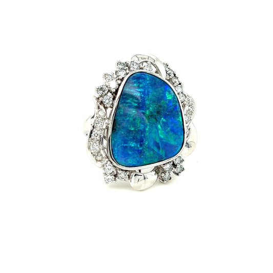 Free Formed Opal with Diamond Accented Platinum Ring
