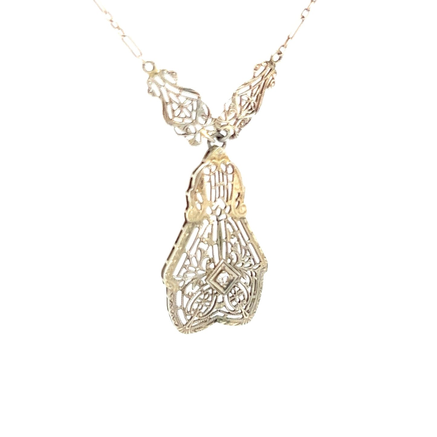 Vintage 10kt Gold Filigree Pendant with a Solitaire Rose Cut Diamond & 15 inch Old Style Chain