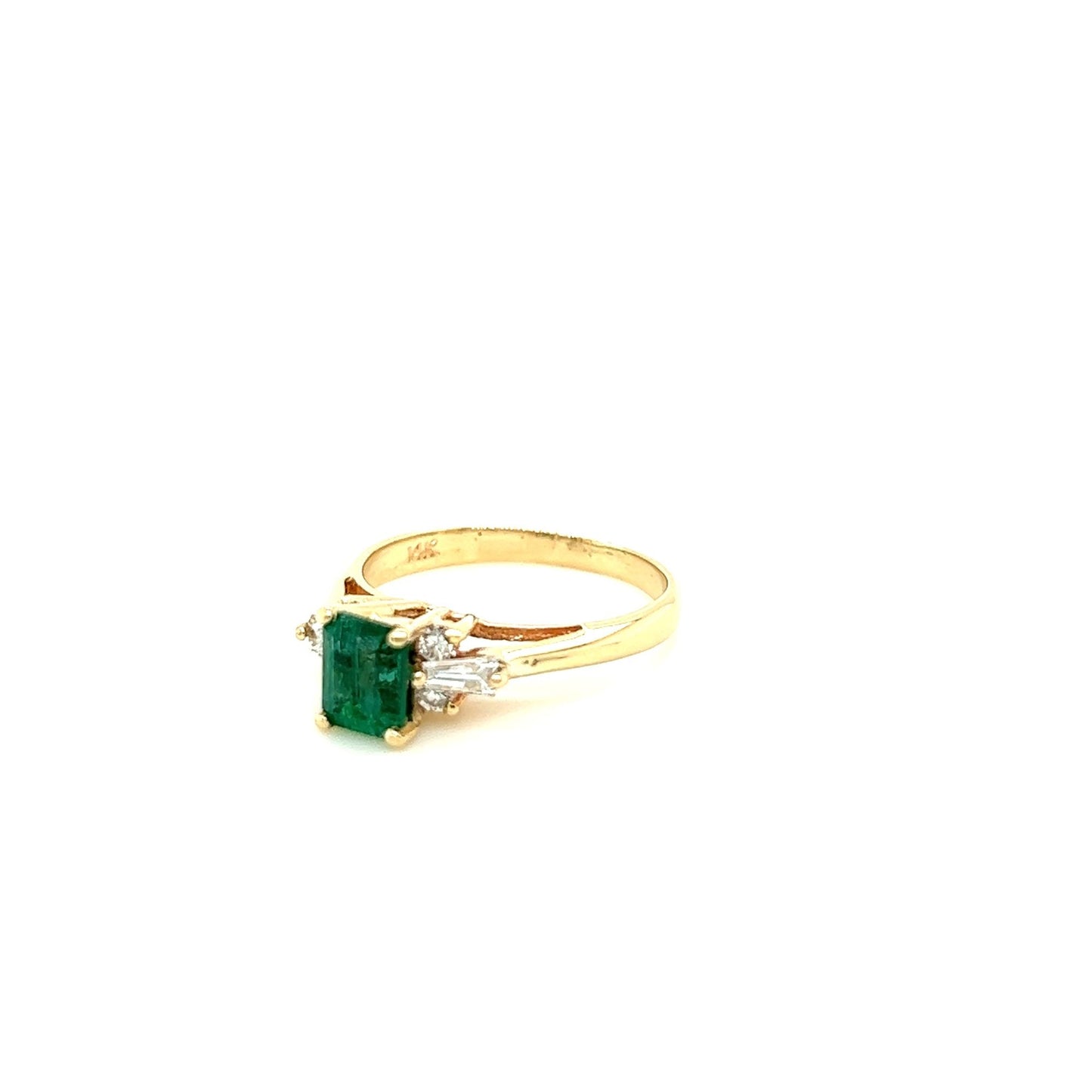 14kt Yellow Gold Emerald Ring w/ Round & Tapered Baguette Cut Diamond Sides