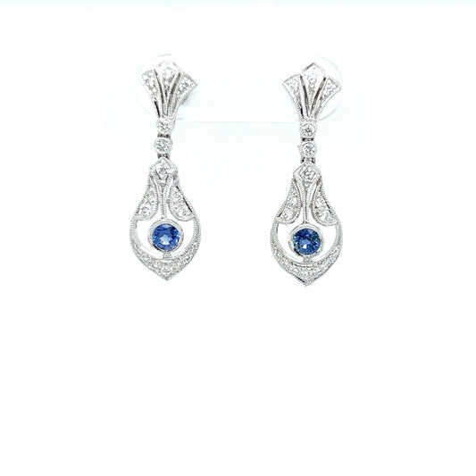 Vintage 14kt White Gold Blue Sapphire & Diamond Earrings