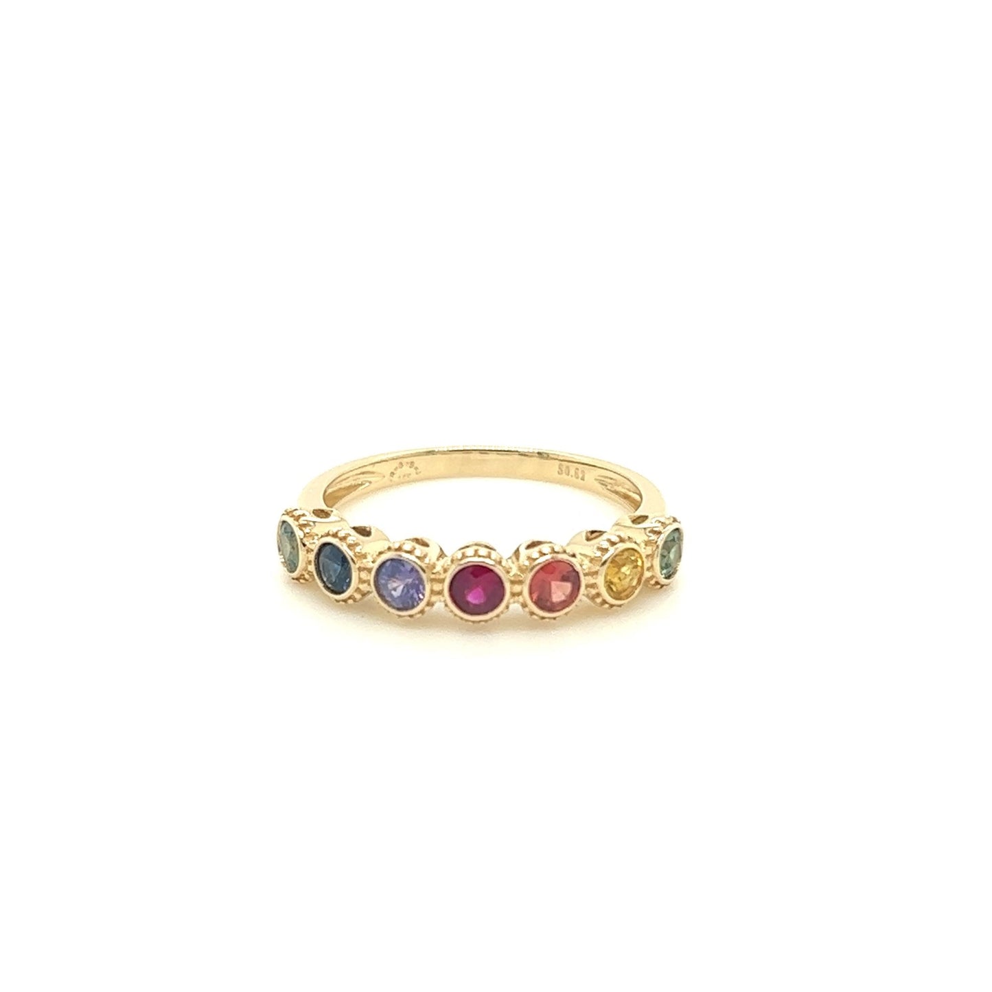 14kt Yellow Gold Seven Stone Bezel Set Rainbow Sapphire Ring